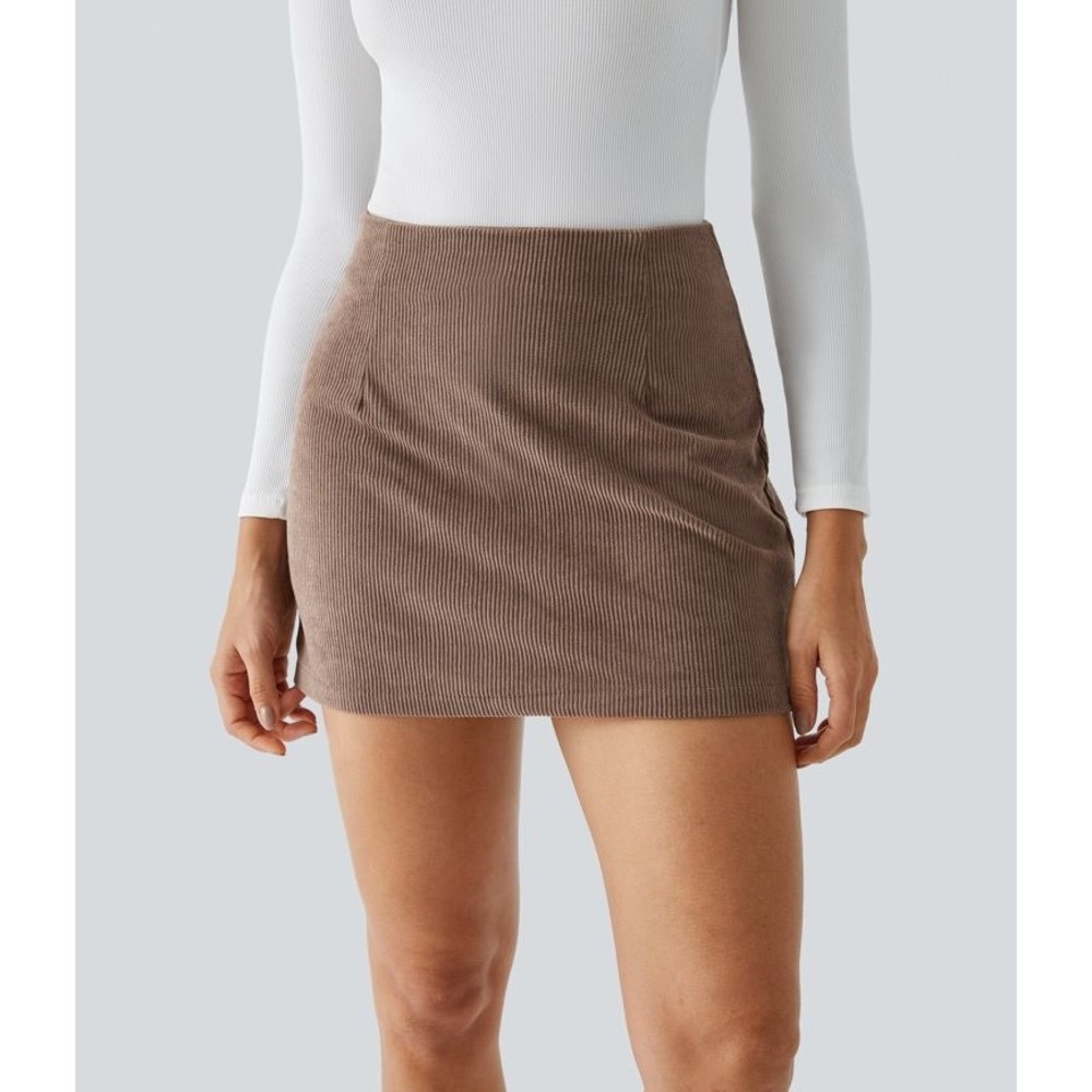 Halara AuraCord High Waisted 2-in-1 A Line Mini Corduroy Skort Brown Acorn S